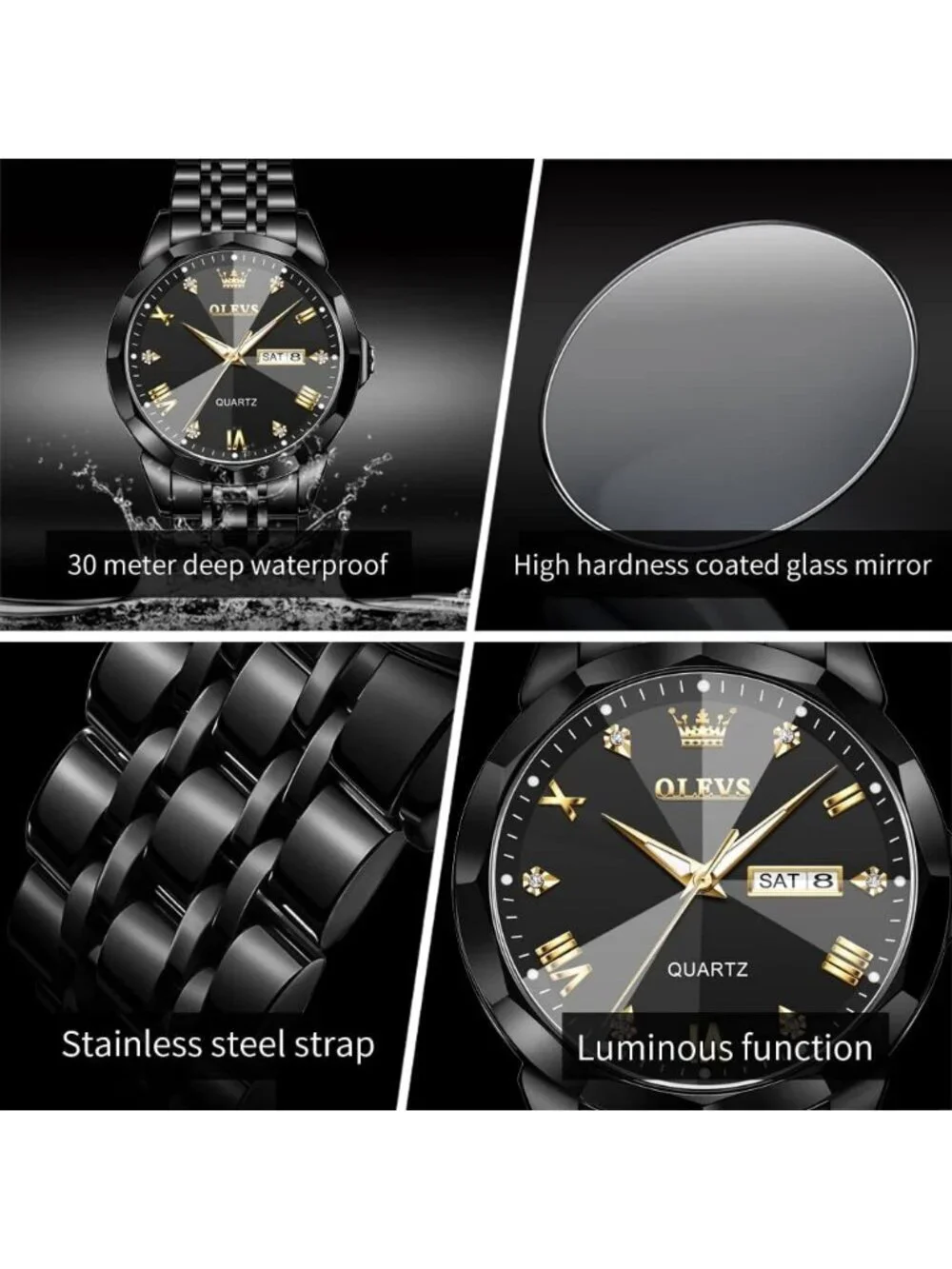 Mens Black Stainless Steel Classic Analog Quartz Diamond Waterproof Luxury Watch